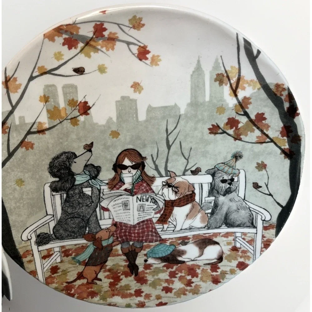 Pier 1 LAZY SUNDAY PUPS Ironstone Plate Autumn NYC Park Poodle Set of 2
